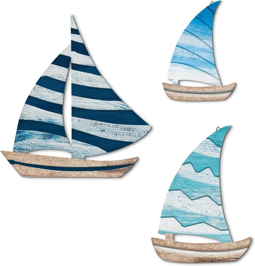 Set van 3 Houten Zeilboot Wanddecoratie Blauw en Wit Nautisch Stijl