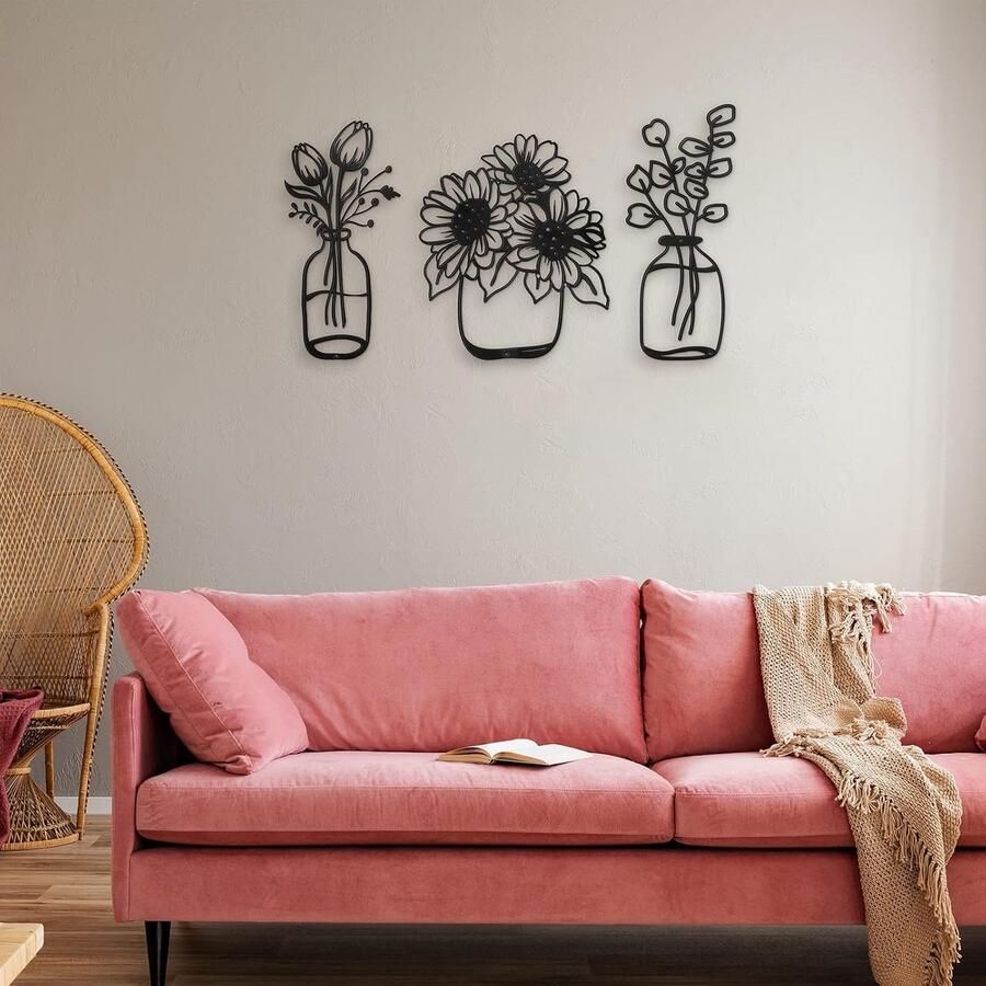Set van 3 minimalistische zwarte tulp wanddecoraties van ijzerdraad voor keuken badkamer woonkamer delicate stijl