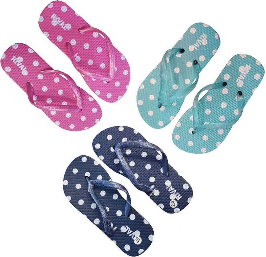 Merkloos Sans marque set van 3 paar kinderslippers meisjes roze lichtblauw donkerblauw stippen - Foto 5