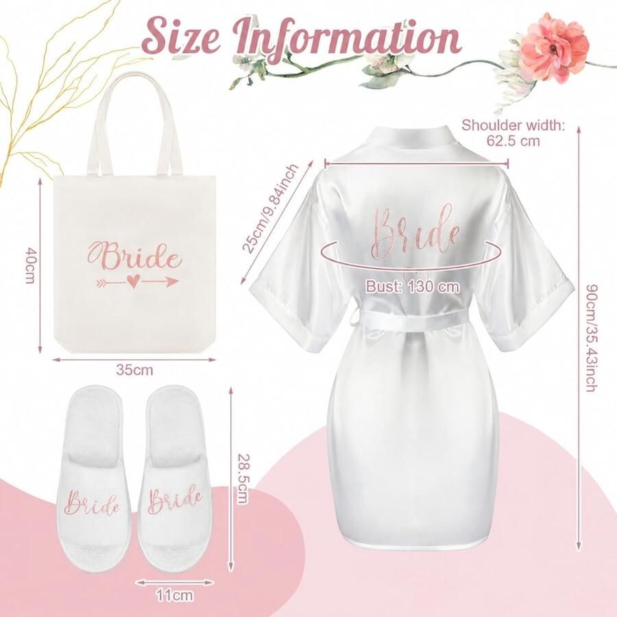 Set van 3 Roze Gouden Bruidsgeschenken voor Bruidsfeest Inclusief Satijnen Nachtjapon Bruidsbag Slippers en Geschenkset voor Huwelijk Verloving en Vrijgezellenfeest