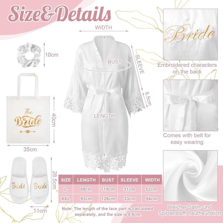 Set van 4 Cadeaus voor de Bruid Hennaparty Cadeaus Witte Satijnen Tas Slippers en Strik voor Bruiloft Verloving en Wellness