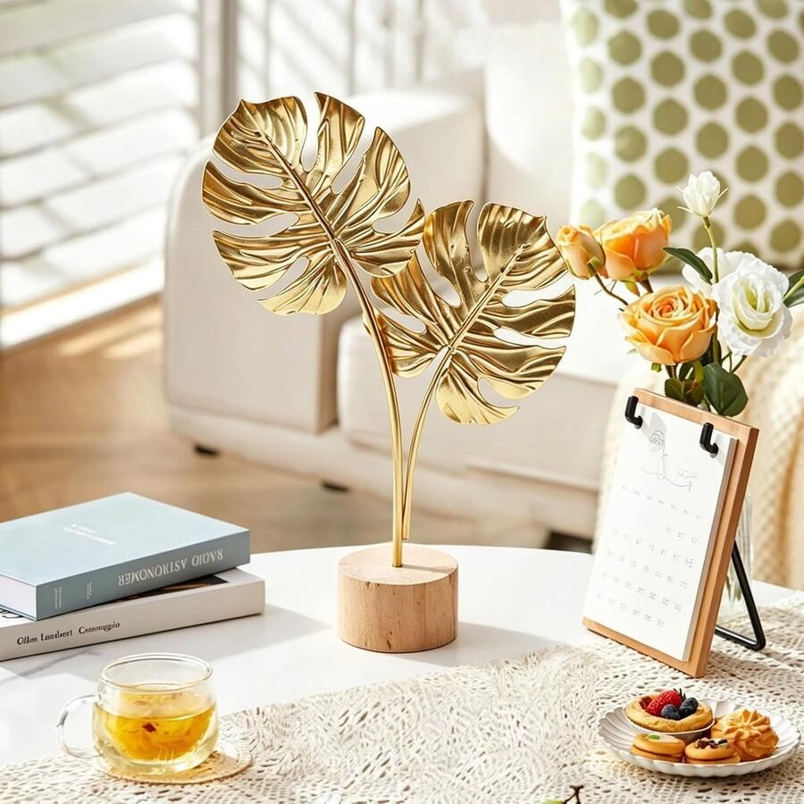 Set van 4 gouden bladersculpturen van metaal esdoorn Ginko Monstera zonnebloemfiguur Boheemse decoratie voor woonkamer slaapkamer kantoor moderne tafel en tv-decoratie voor thuis