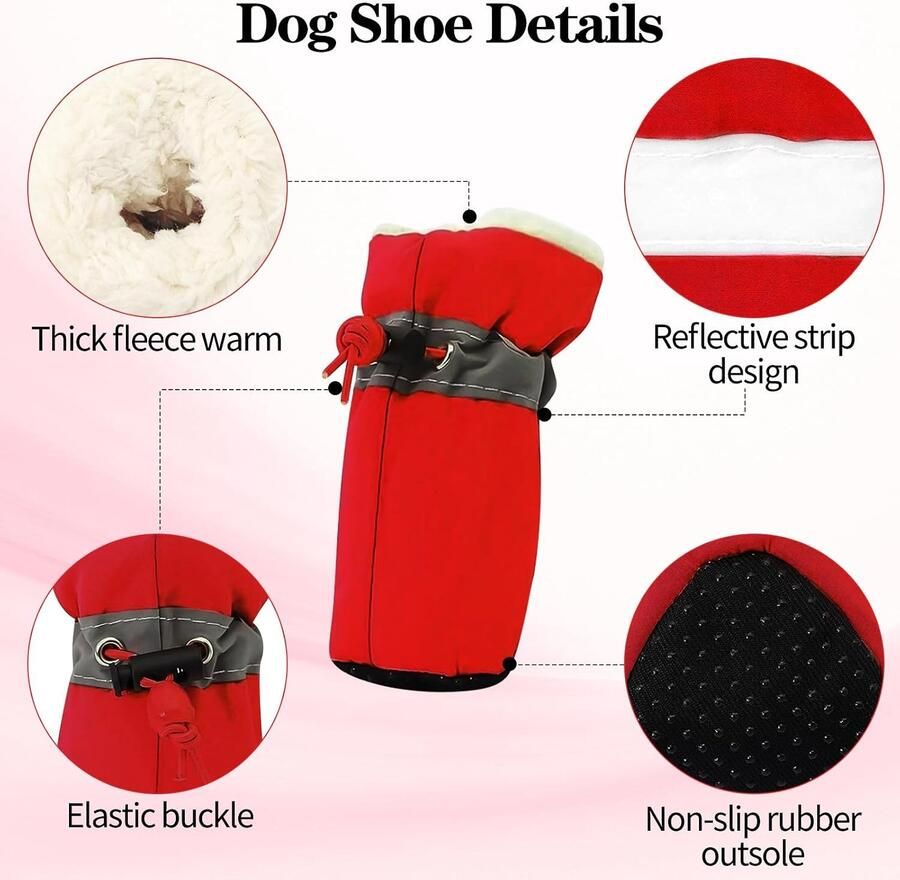 Set van 4 Honden Schoenen met Antislip Zolen en Reflecterende Leashes voor Bescherming van Pootjes Warm en Geschikt voor Kleine en Middelgrote Honden (Rood )