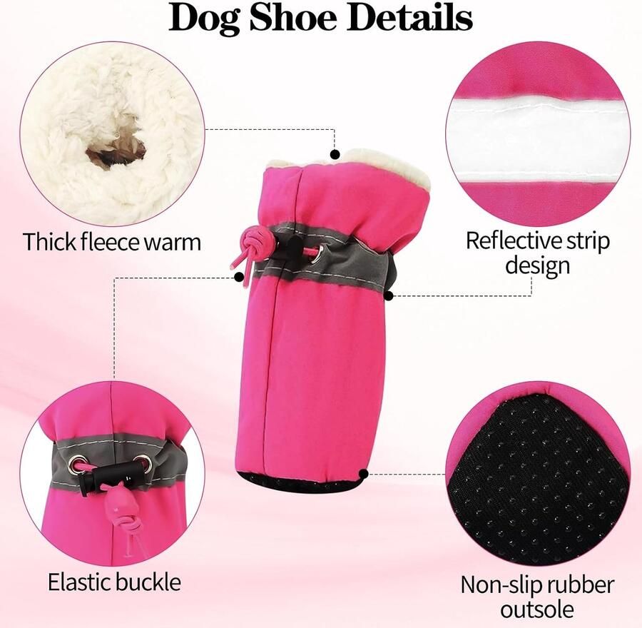 Set van 4 Honden Schoenen met Antislip Zolen Reflecterende Leashes en Bescherming voor Pootjes Warm en Geschikt voor Kleine en Middelgrote Honden (Roze )