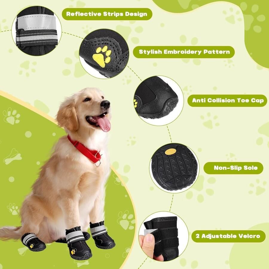 Set van 4 Honden Schoenen voor Pootbescherming Waterdichte en Antislip Hondenlaarzen met Reflecterende Bandjes voor Middelgrote en Grote Honden
