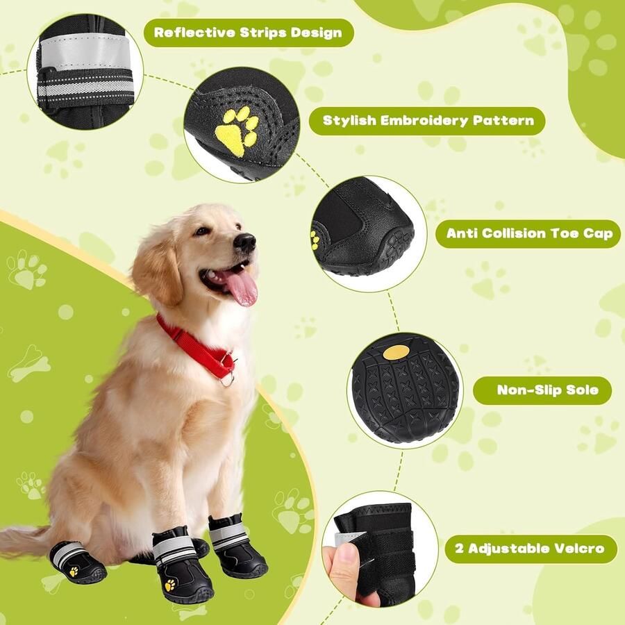 Set van 4 Honden Schoenen voor Pootbescherming Waterdichte en Antislip Hondenlaarzen met Reflecterende Bandjes voor Middelgrote en Grote Honden