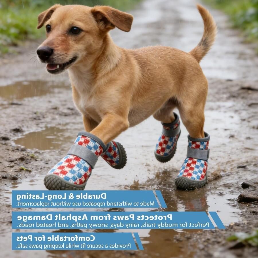 Set van 4 Hondenlaarzen in Rood en Blauw Waterdichte en Lichtgewicht Boots voor Gewonde Pootjes Flexibele Antislip Zool voor Kleine Honden tot 9 kg (Pootlengte ≤