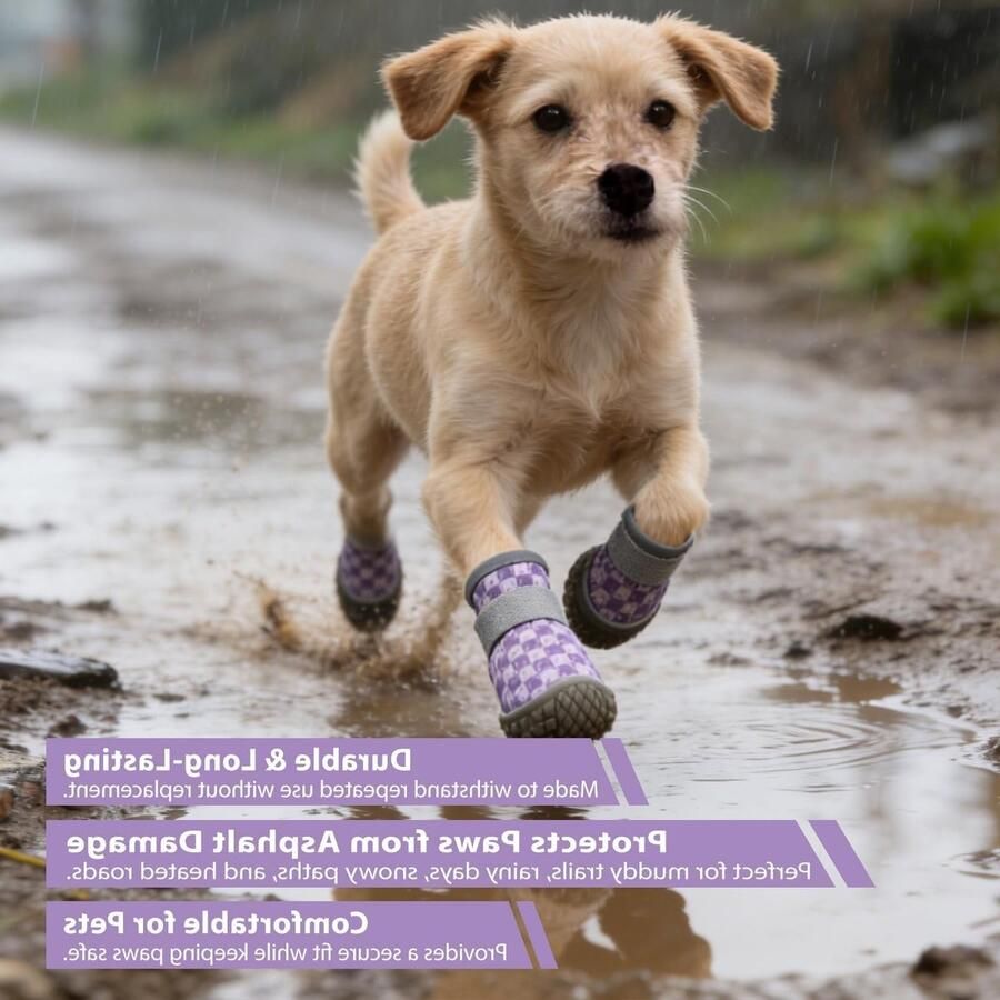 Set van 4 Paar Honden Schoenen Paars Waterdichte Lichte en Flexibele Hondenlaarzen voor Gewonde Pootjes Antislip Pootpads voor Kleine Honden 6-9kg (Pootlengte ≤