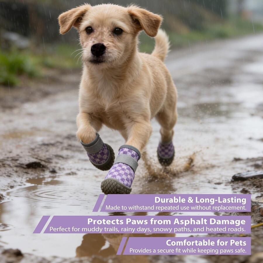 Set van 4 Paar Hondenlaarzen Paarse Waterdichte en Lichtgewicht Bescherming voor Gewonde Pootjes Flexibele Antislip Zool voor Kleine Honden 6-9kg (Pootlengte ≤