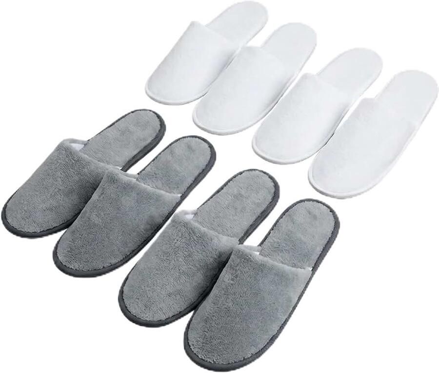Set van 4 paar hotelpantoffels 2 paar wit + 2 paar grijze koraalvezel zachte 8 mm zool antislip ademende pantoffels voor gasten thuis bruiloft reizen spa