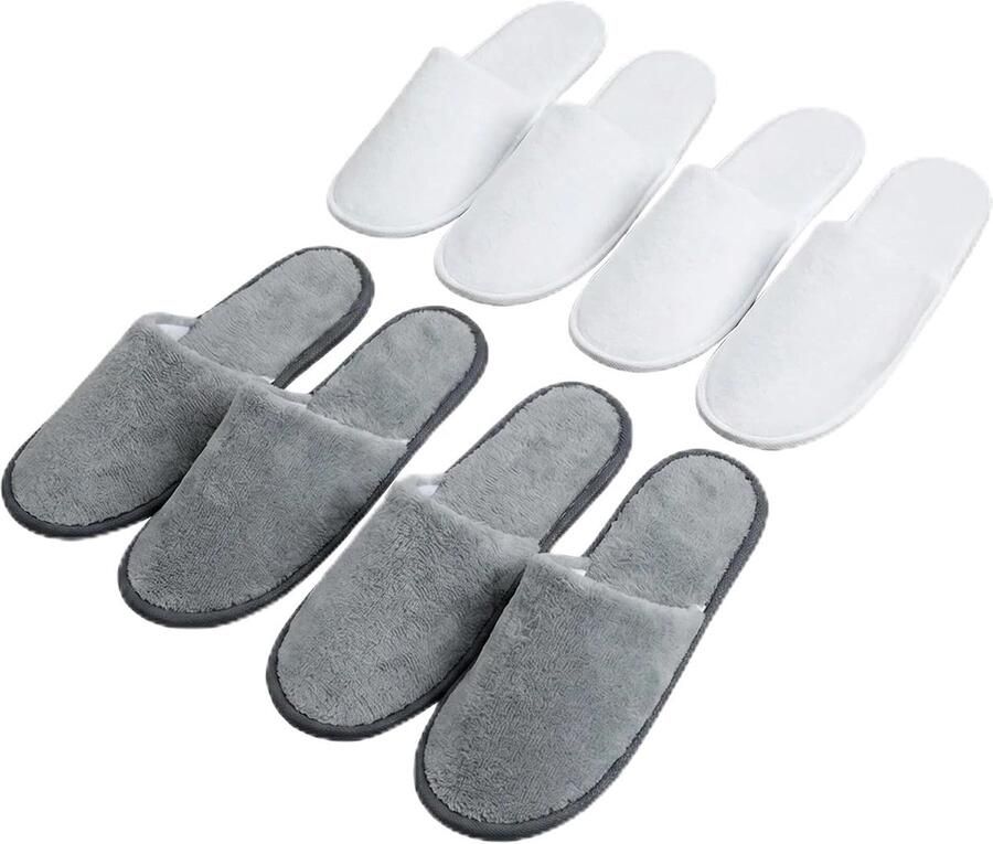 Set van 4 paar hotelpantoffels 2 paar wit + 2 paar grijze koraalvezel zachte 8 mm zool antislip ademende pantoffels voor gasten thuis bruiloft reizen spa
