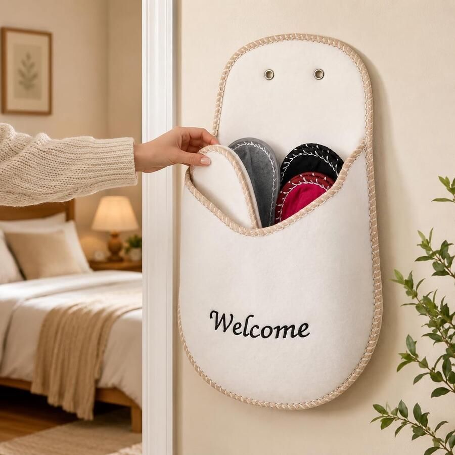 Set van 4 paar uniseks vilten pantoffels met welkome-organizer om op te hangen ideaal voor thuis B & B en vakantiehuis - Foto 2