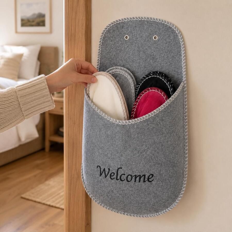 Set van 4 paar uniseks vilten pantoffels met welkome-organizer om op te hangen ideaal voor thuis B & B en vakantiehuis