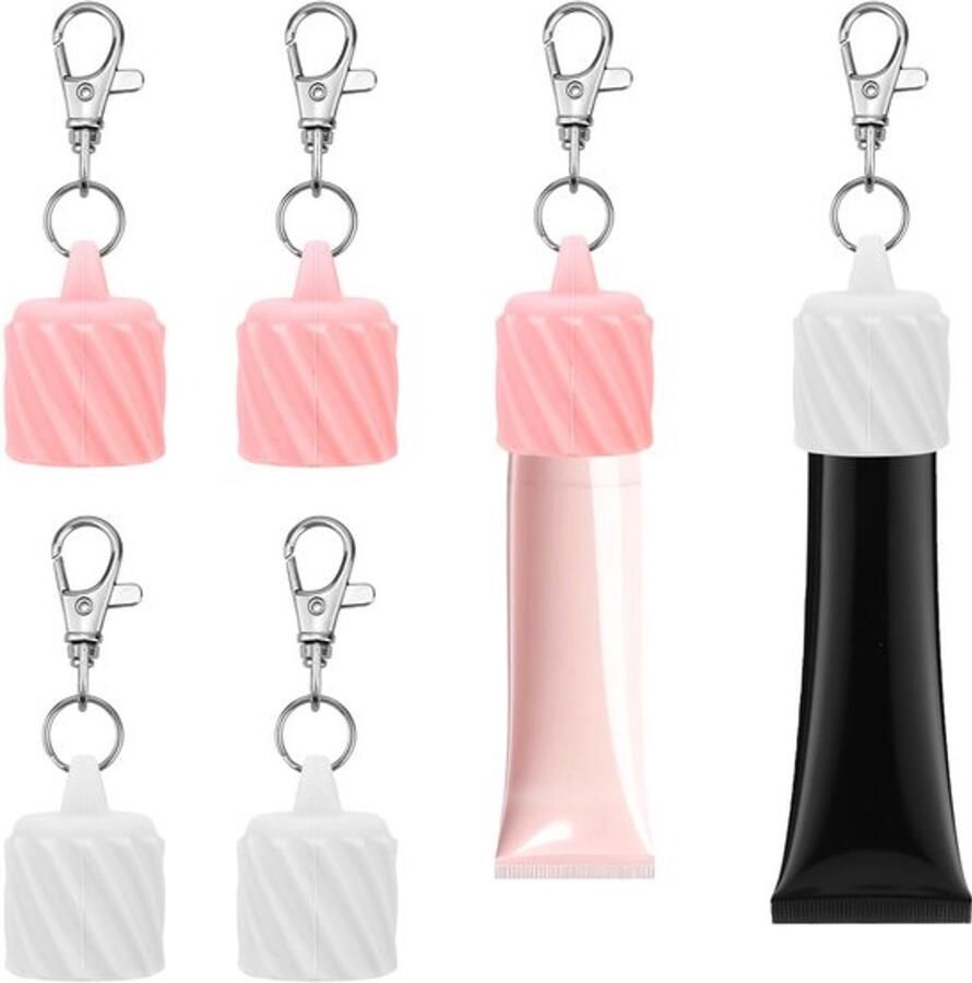 Set van 4 sleutelhangers met lippenbalsemdop in wit en roze gemaakt van keperstof ideaal voor het gemakkelijk meenemen van lipgloss speciaal ontworpen voor vrouwen