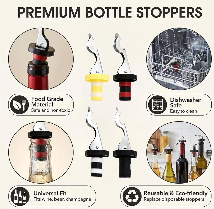 Set van 4 universele flessendoppen met hendel en kurkentrekker hoogwaardige flessendoppen voor bier wijn champagne universeel passend