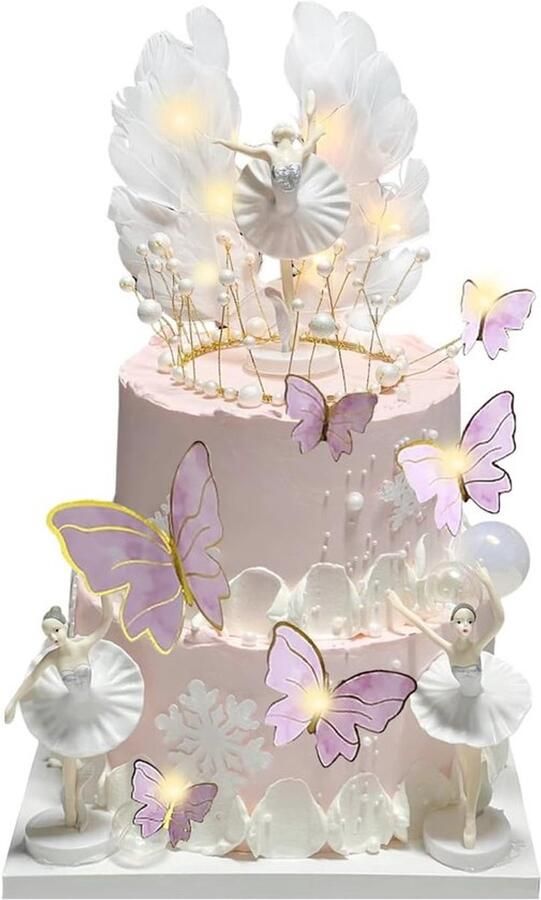 Set van 5 ballerina taartdecoraties ballerina decoratie verjaardag versiering met 20 vlinders en 1 lichtsnoer