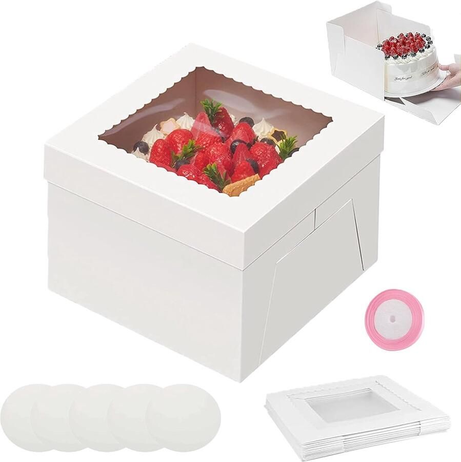 Set van 5 taartdoosjes 30 x 30 x vierkante taartdoos met taartplaat taartborden met kijkvenster kartonnen doos voor verjaardagen feesten bruiloften jubilea wit