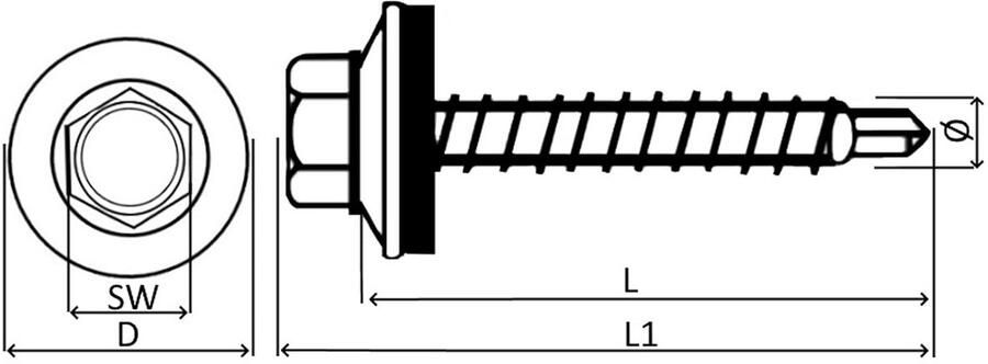 Set met 50 zelfborende schroeven van metaal tot hout Ø 4 8 x 25 mm + EPDM-afdichtring mosgroen RAL 6005 kopafdr mm zeskant van staal
