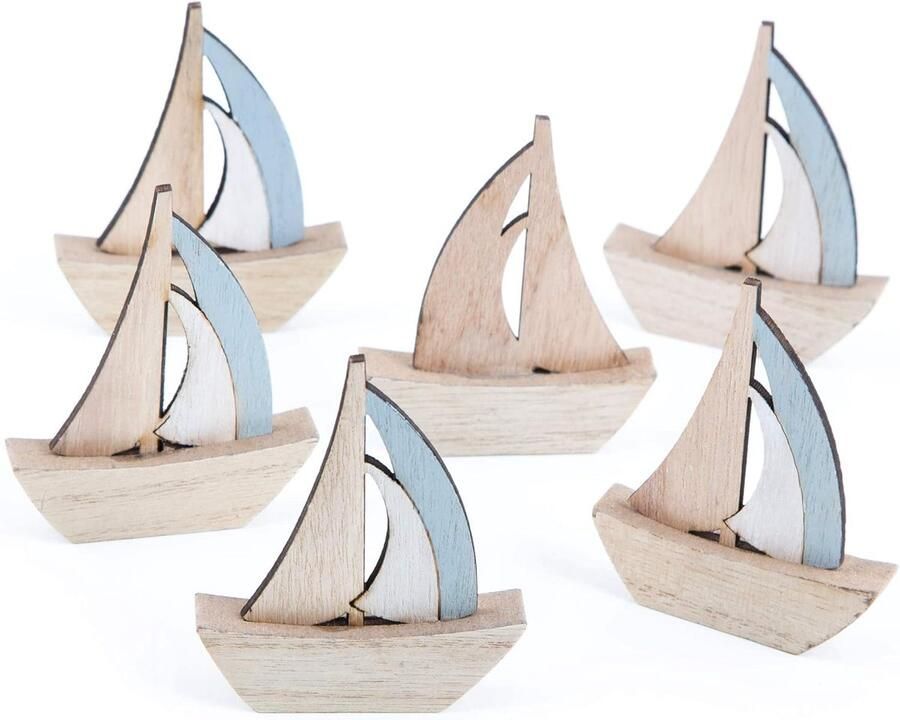 Set van 6 Houten Zeilbootjes Blauw Maritieme Decoratie voor Tafel en Kamer