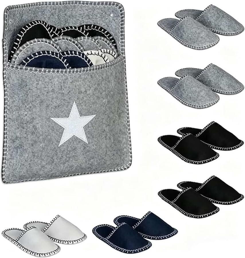 Set van 6 paar gastenpantoffels met draagtas vilten pantoffels met antislipzool eenvoudig en stijlvol meerkleurig ideaal voor thuis hotel sauna perfecte pantoffels voor