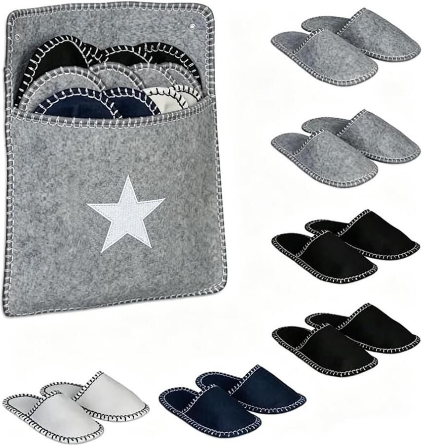 Set van 6 paar gastenpantoffels met draagtas vilten pantoffels met antislipzool eenvoudig en stijlvol meerkleurig ideaal voor thuis hotel sauna perfecte pantoffels voor