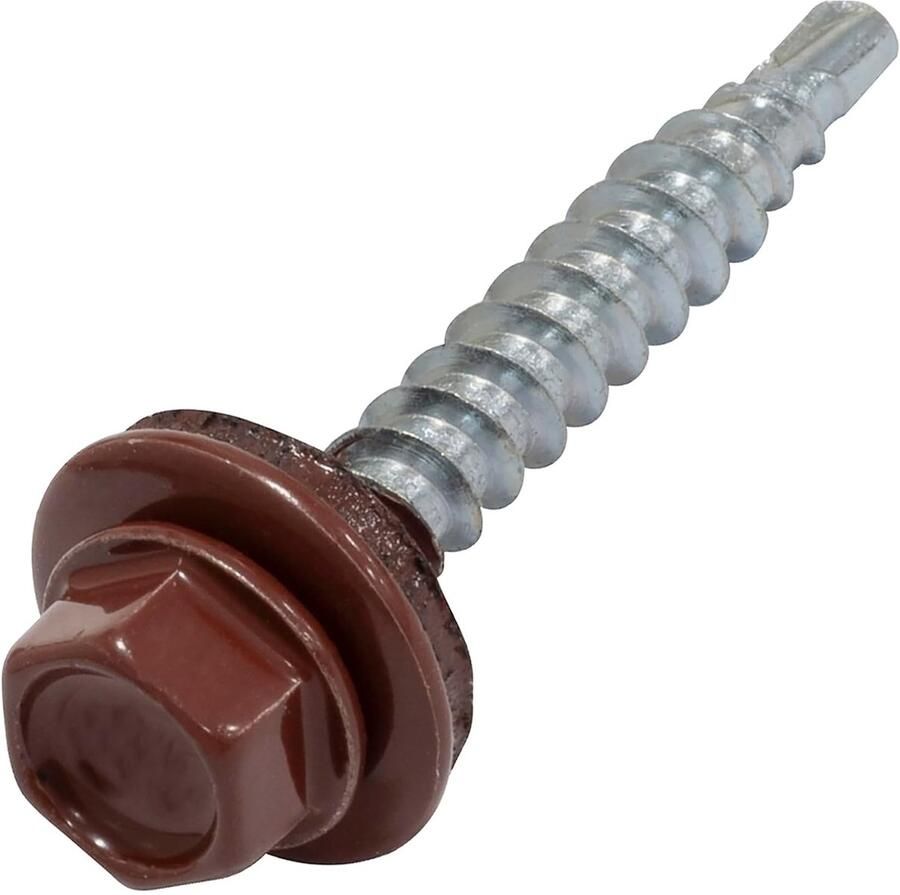 Set van 60 zelfborende metalen houten schroeven Ø 4 8 x 35 mm + EPDM-afdichtring RAL 3009 DIN 7504K kop mm zeskant van koolstofstaal