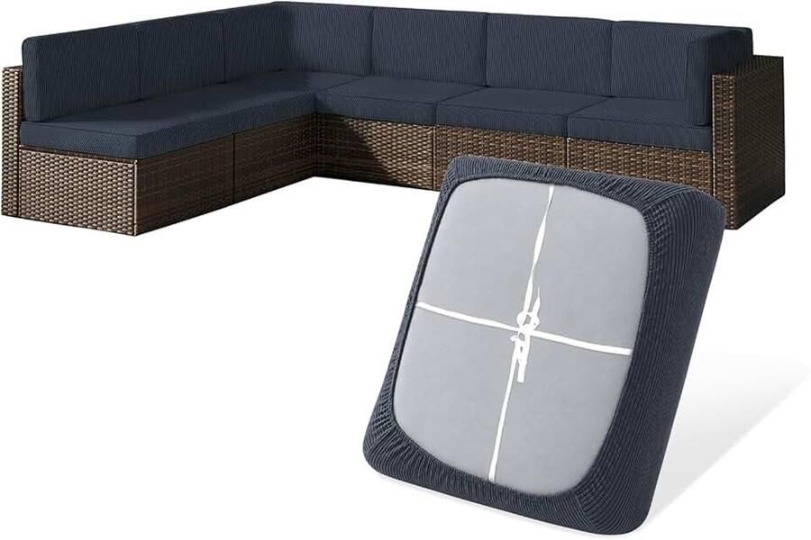 Set van 8 bankkussenhoezen 4 stuks stretch outdoor kussenslopen met riemen hoezen voor tuinkussens buiten afneembaar en machinewasbaar voor rotan hoekbank terrasmeubilair