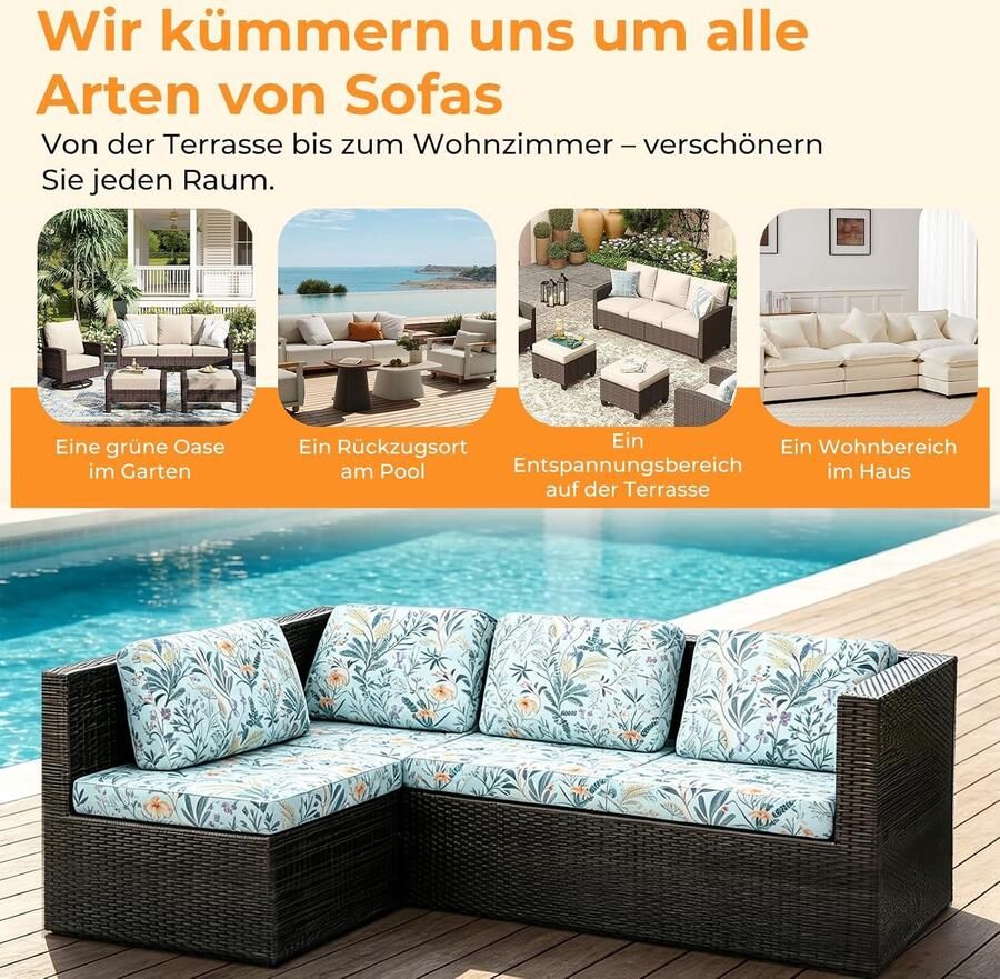Set van 8 outdoor bankovertrekken stretch zitkussenhoes antislip afneembaar en machinewasbaar voor L-vormige bank terrasstoel bankkussenovertrek tuinmeubelen (bloemenpatroon)