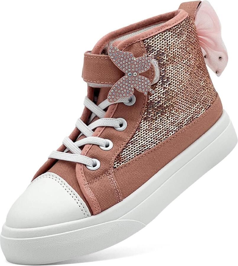 Sharllen Meisjes Trainers Kinderen High Top Canvas Schoenen Glitter Pailletten Bowknot Pompen Makkelijk bevestigen Lichtgewicht Casual Sneakers