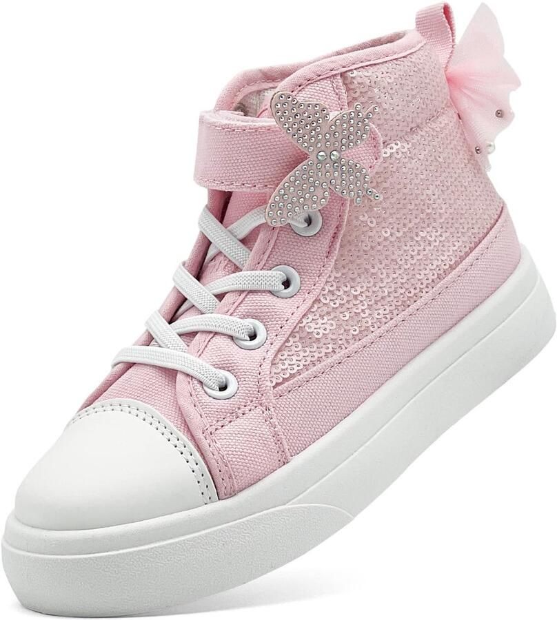 Sharllen Meisjes Trainers Kinderen High Top Canvas Schoenen Glitter Pailletten Bowknot Pompen Makkelijk bevestigen Lichtgewicht Casual Sneakers