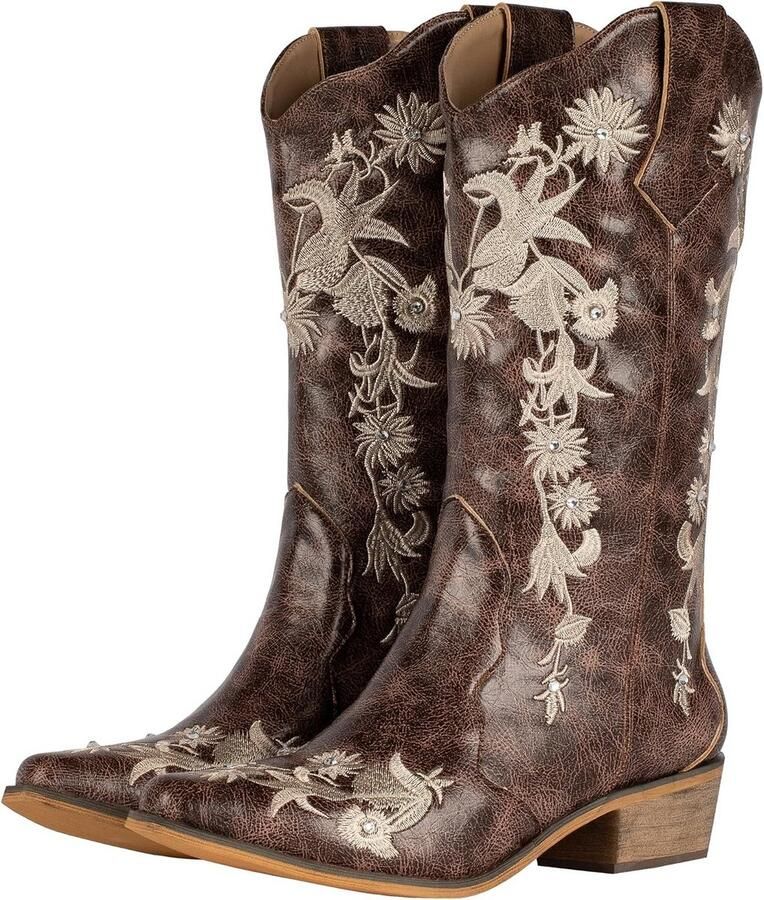 SheSole Women's Western Country Wedding Cowgirl Cowboy Boots Wide Calf Floral Embroidery Rhinestones Brown