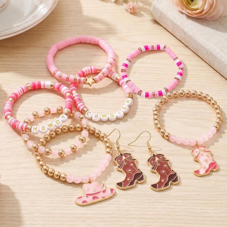 Sieraden set voor vrouwen 8-delige stapelbare kralenarmbanden cowboylaarzen oorbellen trendy cowgirl accessoires ShopVlot