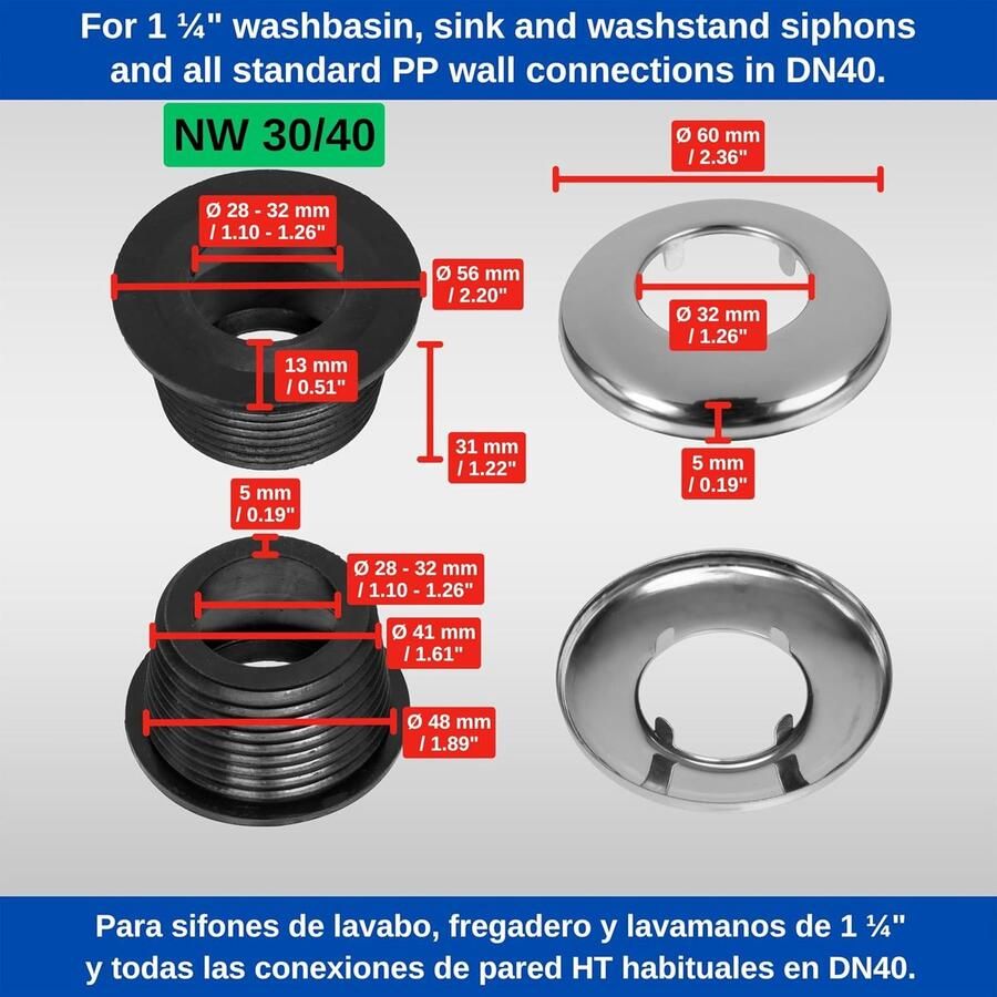 Sifonrubber en muurRozet set NW 30 40 rubber manchet voor DN40 afvoerbuis binnen Ø 40 mm 1 ¼ sifonbuis buiten Ø 32 mm duwRozet met Ø 60 mm buiten Ø 32 mm binnen 4 nokken sifonRozet