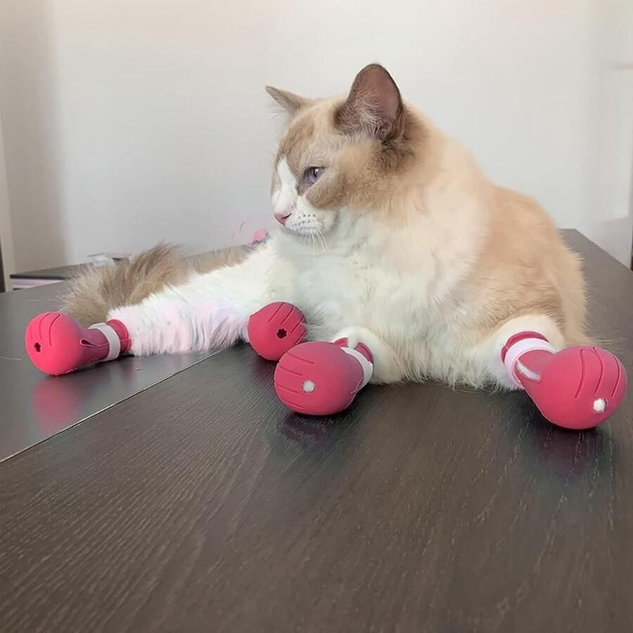 Siliconen Kat Beschermende Schoenen Antikraslaarzen met Stekelige Pootbescherming voor Huisdieren Roze