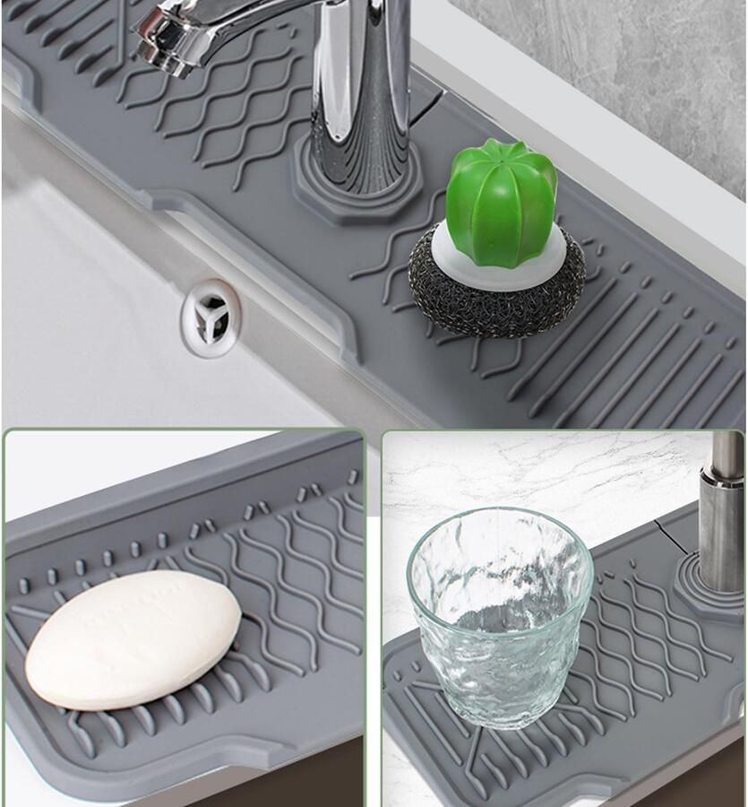 Siliconen kraanmat voor afvoerwater kraangootsteen spatbescherming kraanabsorberende mat wateropvangmat voor keuken en badkamer werkbladbescherming (grijs