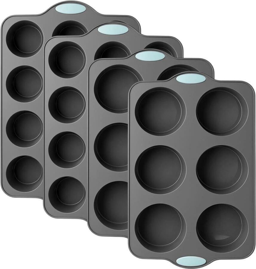 Siliconen muffinvormset 2 x 6 en 2 x 12 x 12 x holtes 25 x 16 x grijs muffinplaat anti-aanbaklaag met siliconen handgrepen vaatwasmachinebestendig voor cupcakes en muffins