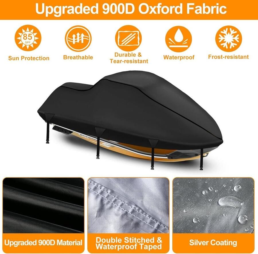 Ski-afdekzeil 900D nano-coating jetski bootzeil waterdicht 2 ventilatieopeningen uv-bestendig Sea DOO Waverunner Polaris (900D-291- zwart)