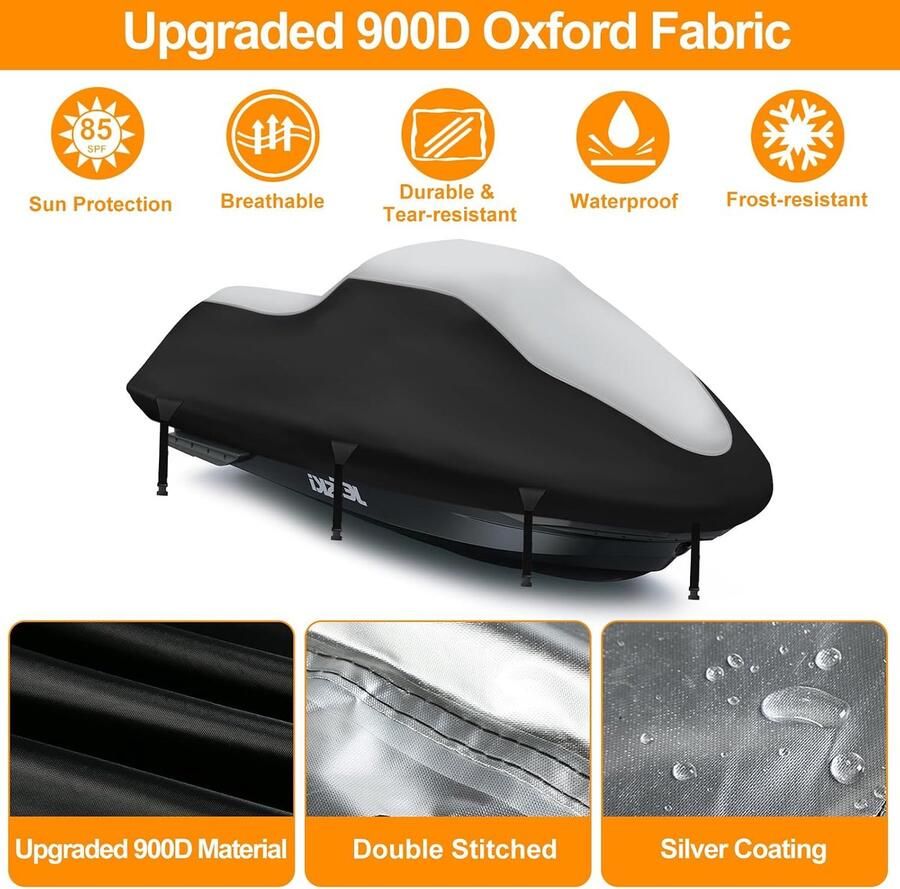 Ski afdekzeil 900D nano-coating jetski bootzeil waterdicht 2 ventilatieopeningen uv-bestendig voor Sea DOO Waverunner Polaris (900D-291- zilverzwart)