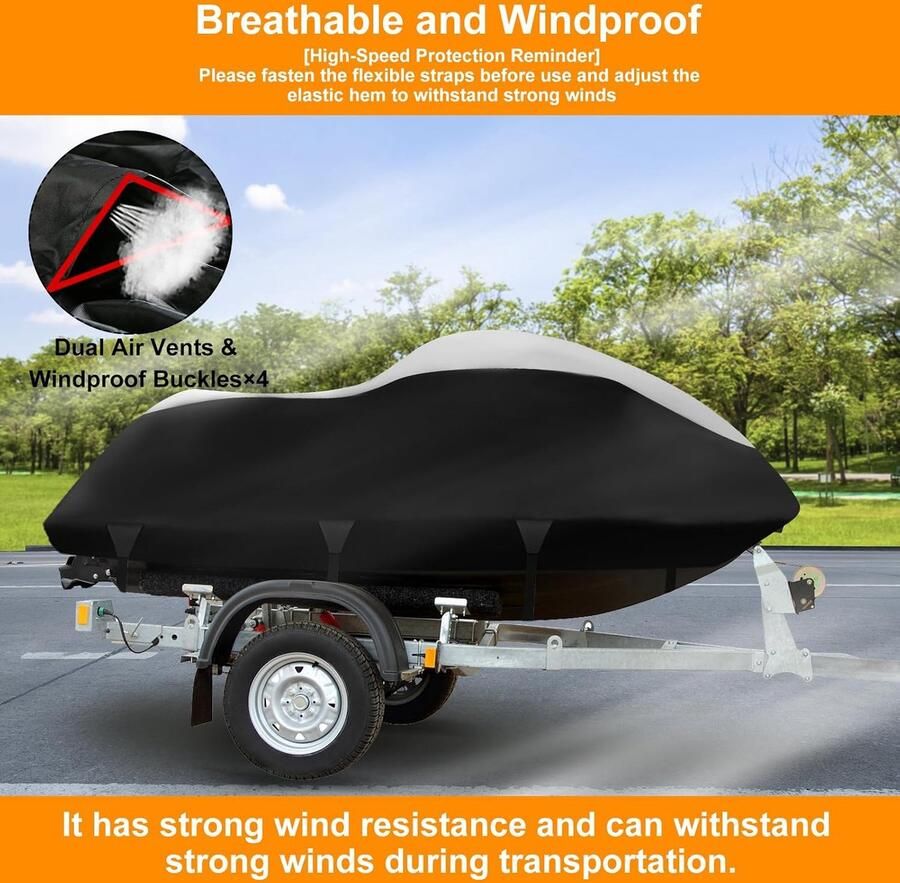 Ski afdekzeil 900D nano-coating jetski bootzeil waterdicht 2 ventilatieopeningen uv-bestendig voor Sea DOO Waverunner Polaris (900D-345- zilverzwart)