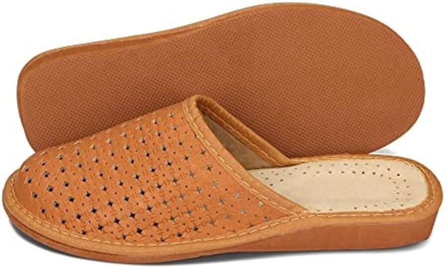 Slippers Dames Echt Leer Beige Rood Bruin