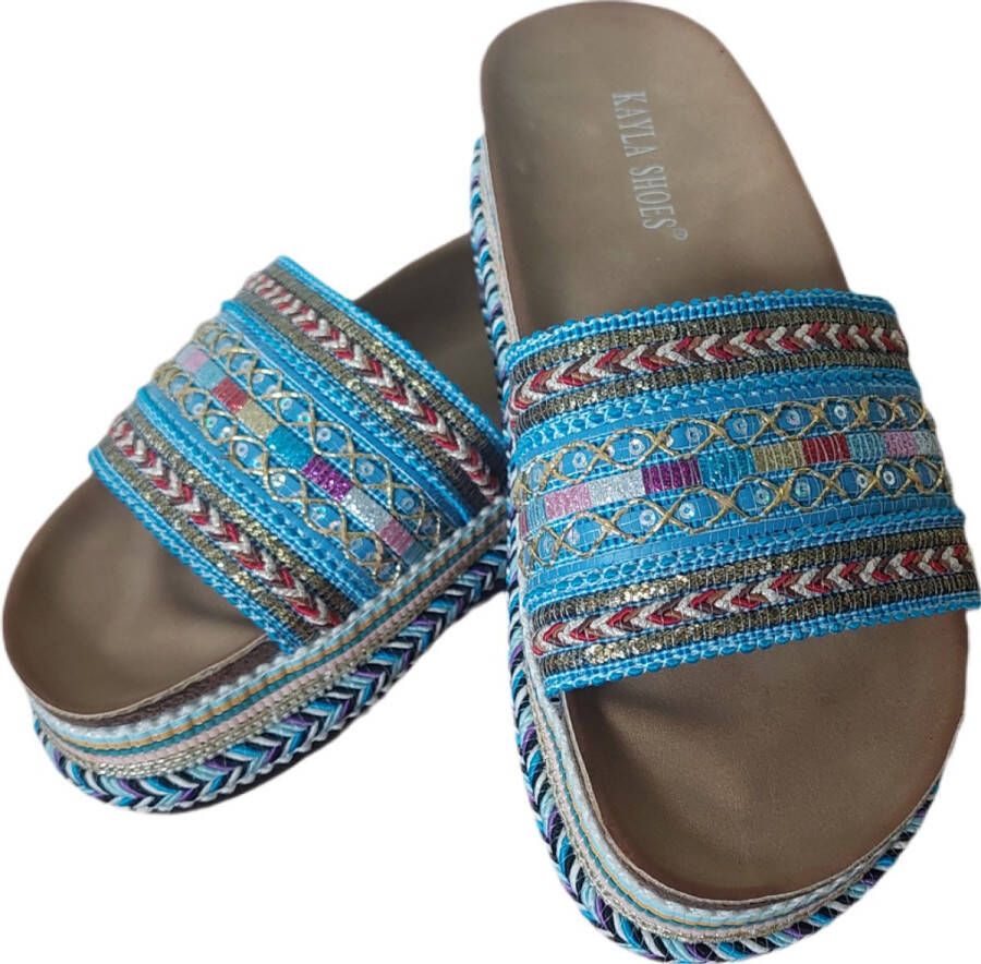Slippers Dames Espadrilles Ibiza Style Kleur Blauw Met Glitter Voetbed Merk Kayla