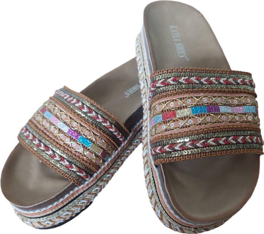 Slippers Dames Espadrilles Ibiza Style Kleur Camel Met Glitter Voetbed Merk Kayla