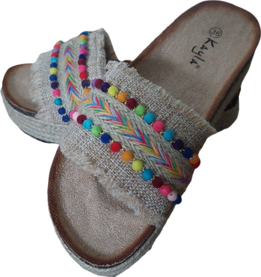Slippers Dames Espadrilles Ibiza Style Kleur Khaki Met kraaltjes Voetbed Merk Kayla