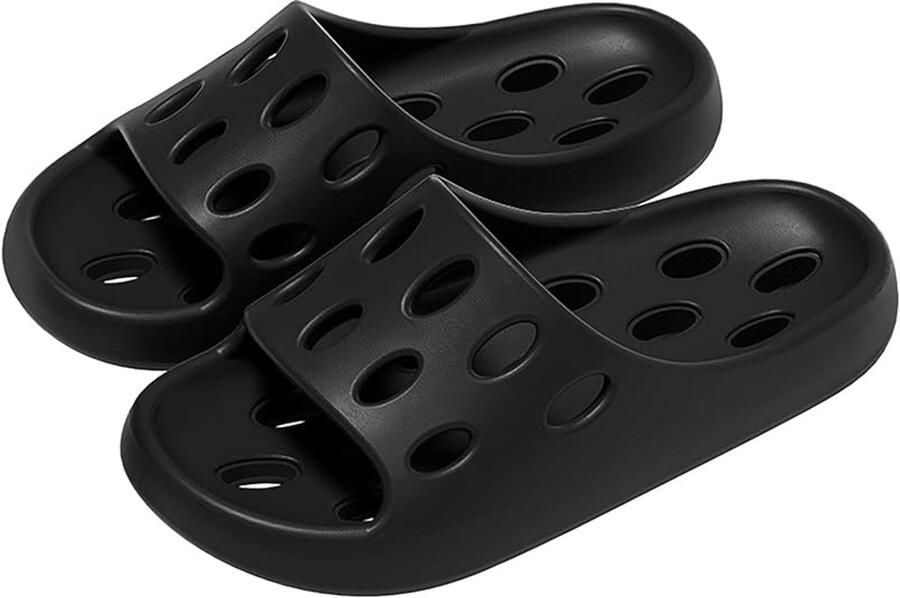 Slippers Heren Doucheschoenen Breed Met Gaten Heren Douchesandalen Sneldrogend Antislip Binnenslippers Slaapkamer Zwembad Spa Studentenkamer 36 37 Zwart