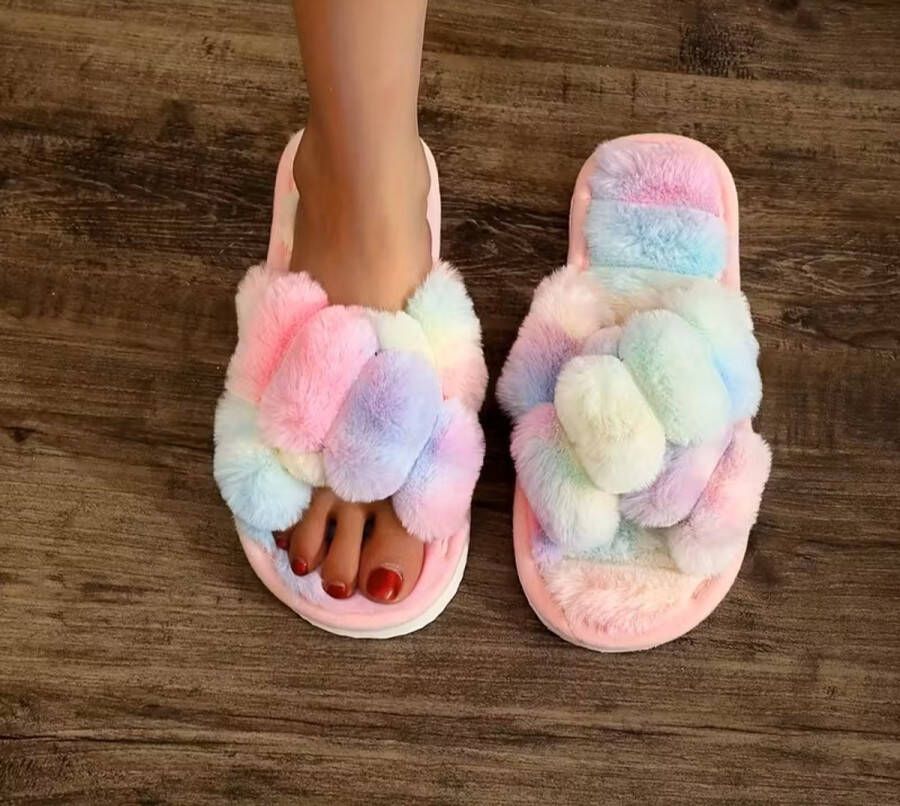 Slippers kruisband slippers pluche roze paars