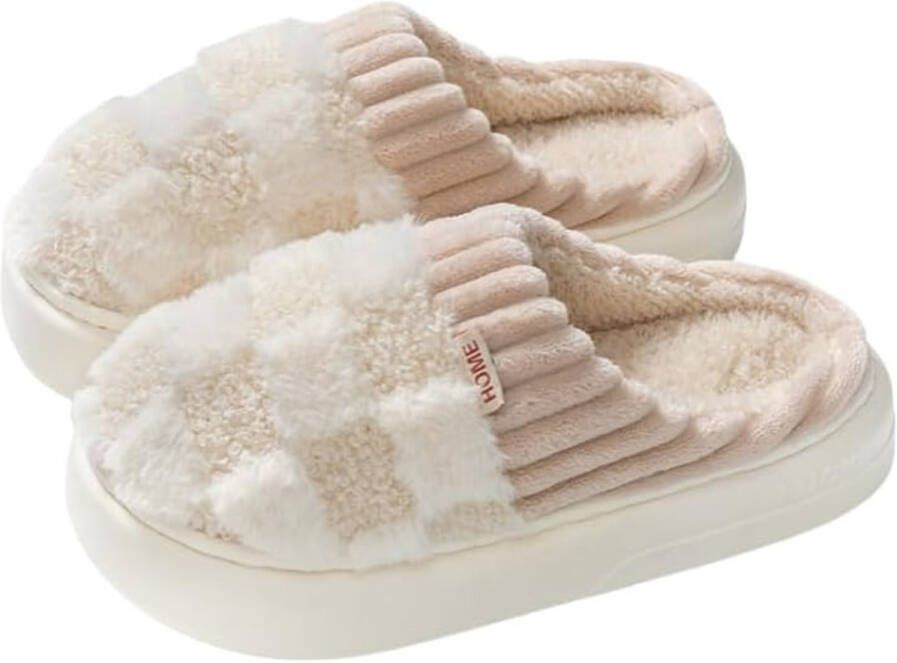 Slippers Pantoffels Pluche huispantoffels Geruite pantoffels Huisschoenen Slippers voor en Slaapkamerslippers van traagschuim Comfeet Antislip -warme instapschoenen Wit