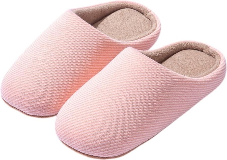 Slippers -- Unisex instappers van gestreept linnen Pantoffels met geluidsarme zool-Materiaal van een katoen-linnenmix-geluidsarme zolen van imitatie-suède; zachte-comfortabele pantoffels een ideaal cadeau- Roze
