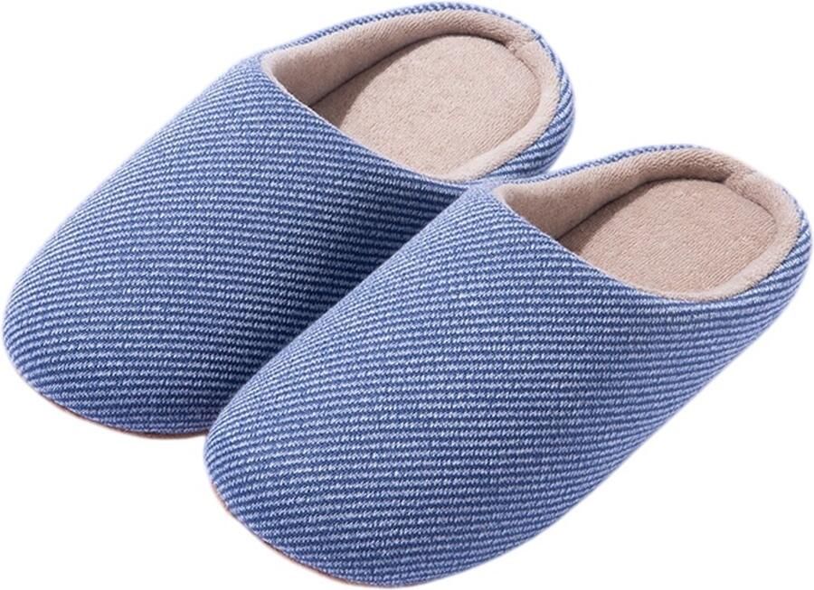 Slippers -- Unisex instappers van gestreept linnen Pantoffels met geluidsarme zool-Materiaal van een katoen-linnenmix-geluidsarme zolen van imitatie-suède; zachte-comfortabele pantoffels een ideaal cadeau- Marineblauw