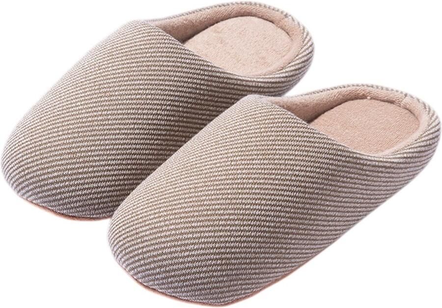 Slippers -- Unisex instappers van gestreept linnen Pantoffels met geluidsarme zool-Materiaal van een katoen-linnenmix-geluidsarme zolen van imitatie-suède; zachte-comfortabele pantoffels een ideaal cadeau- Bruin
