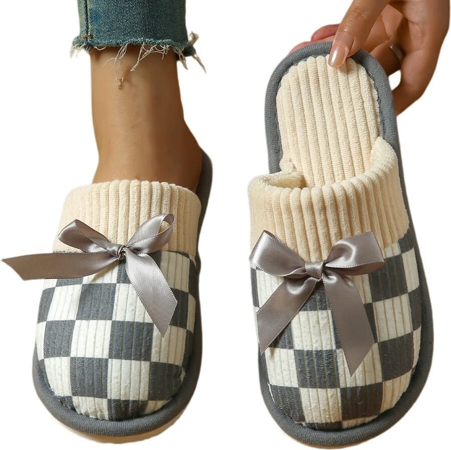 Slippers Unisex pluche slippers met ruitjespatroon Antislipzool Heerlijk zachte huisslippers Geschikt voor binnen en buiten –Grijs-Schoenmaat：42